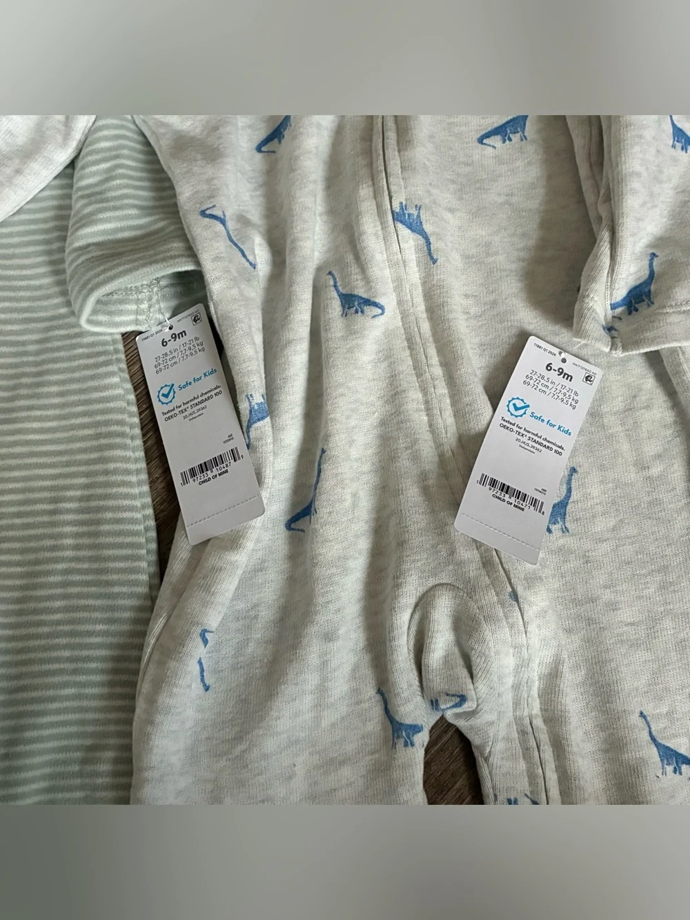 NWT CARTERS Striped & Dinosaur Sage, Blue & Off White 2-Way Zipper Onesie Bundle